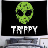 Grüner Schädel Trippy Cartoon Schwarz Weiß Tapisserie