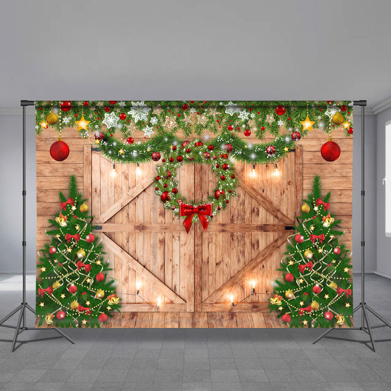 Aperturee - Rote Kugeln Kranz Holztür Weihnachtsbaum Hintergrund