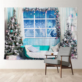 Aperturee - Blaues Thema Winterzimmer Schneebedeckter Baum Weihnachtshintergrund