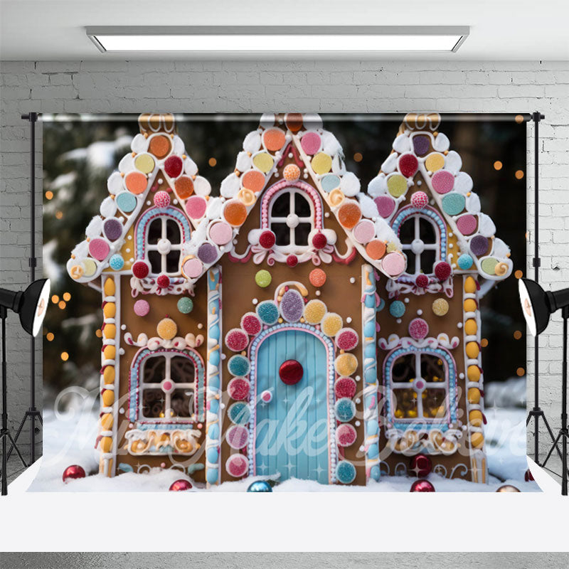 Aperturee - Bunter Lebkuchenhaus Schnee Bokeh Weihnachtshintergrund