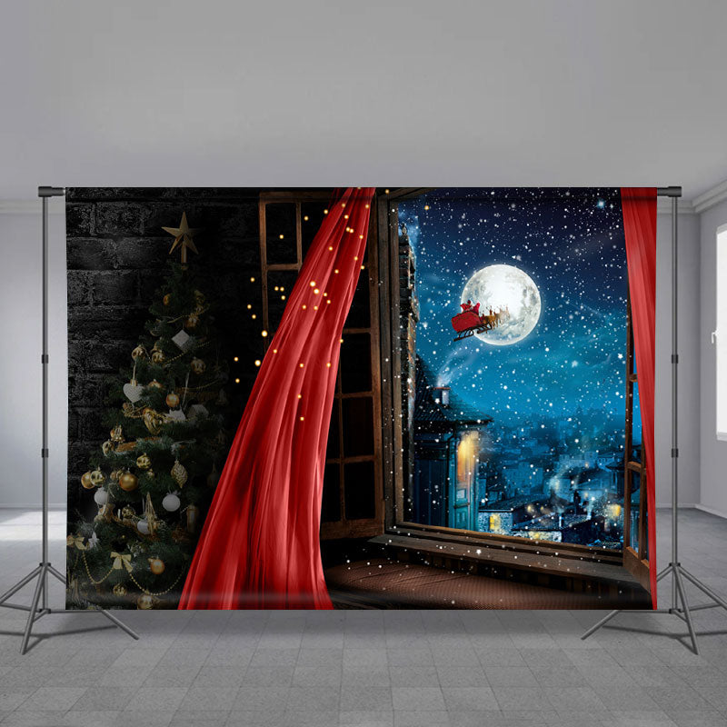 Aperturee - Roter Vorhang Weihnachtsmann Schlitten Mondabend Weihnachtskulisse