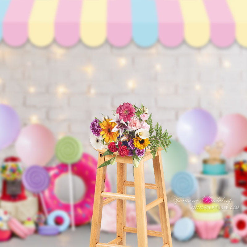 Aperturee - Blumen Süßigkeitsballons Fotohintergrund für Geburtstagstorte