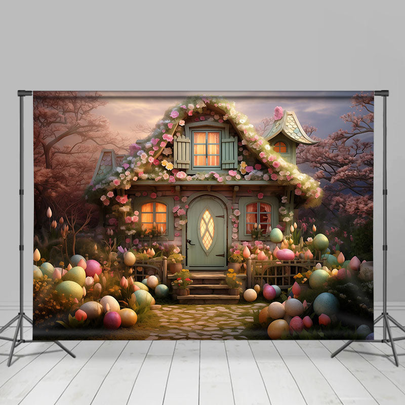 Aperturee - Blumenhaus bunte Eier Cartoon Ostern Hintergrund