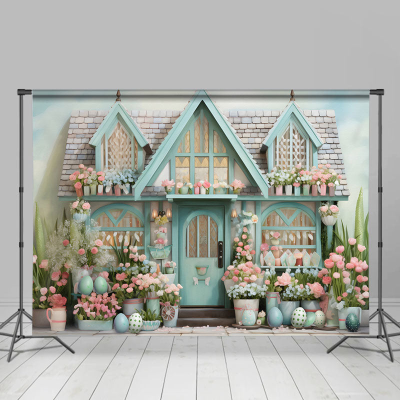 Aperturee - Frische rosa Blumen Eier blaues Haus Ostern Hintergrund