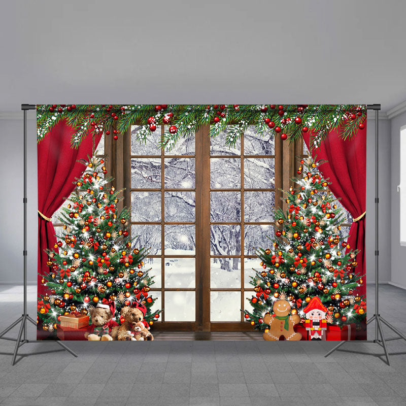 Aperturee - Glitzerbaum roter Vorhang Fenster Schnee Weihnachtshintergrund