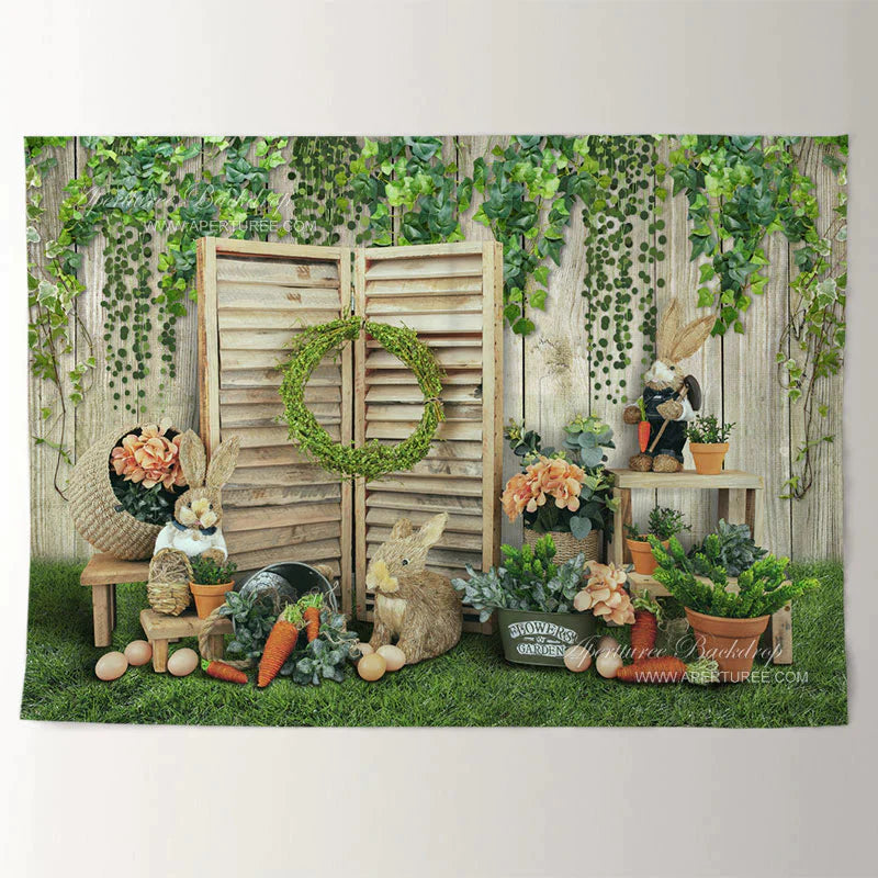Aperturee - Grüner hölzerner Yard Kaninchen frohe Ostern Hintergrund