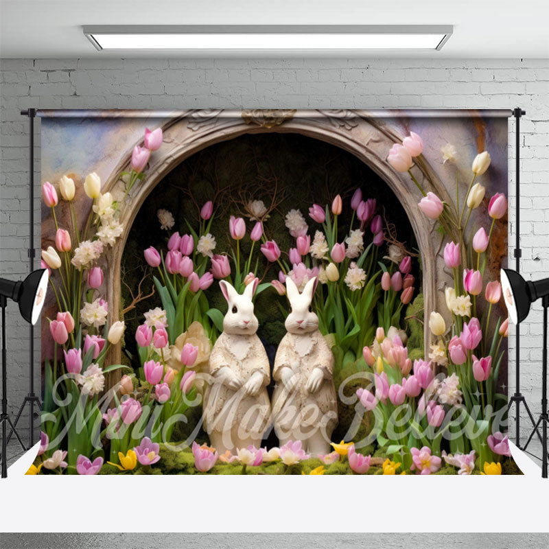 Aperturee - Hübscher Hasen Tulpen Blumenbogen Loch Osterhintergrund