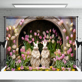 Aperturee - Hübscher Hasen Tulpen Blumenbogen Loch Osterhintergrund