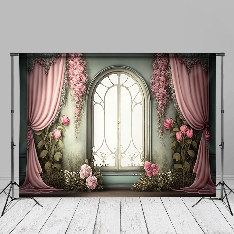 Aperturee – Fotohintergrund mit rosa Blumenmuster grüner Wand Fenster Boden