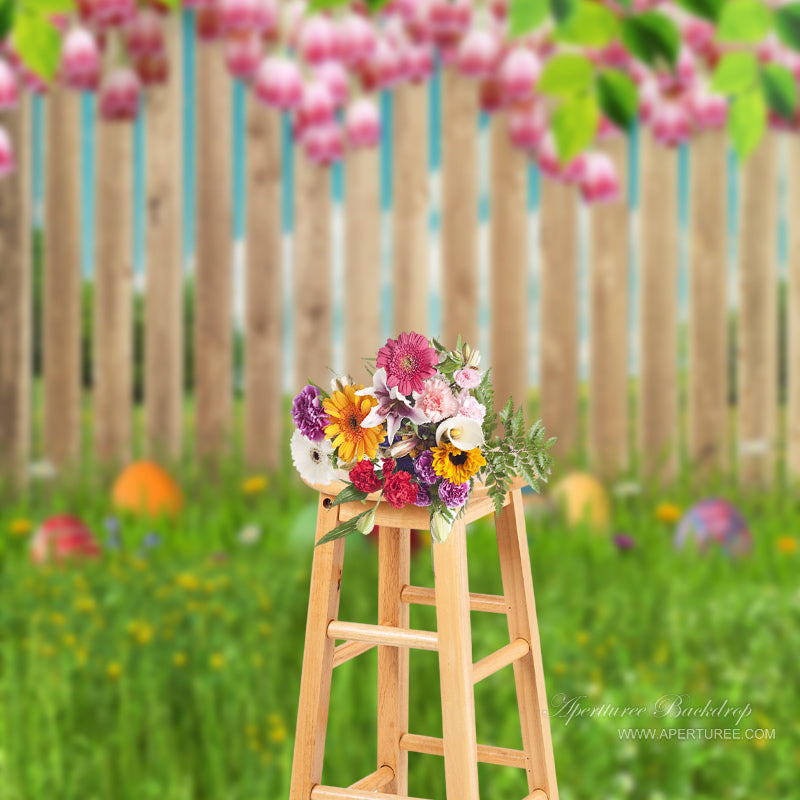 Aperturee - Fotografie Hintergrund mit rosa Blumen Zaun Gras Frühling