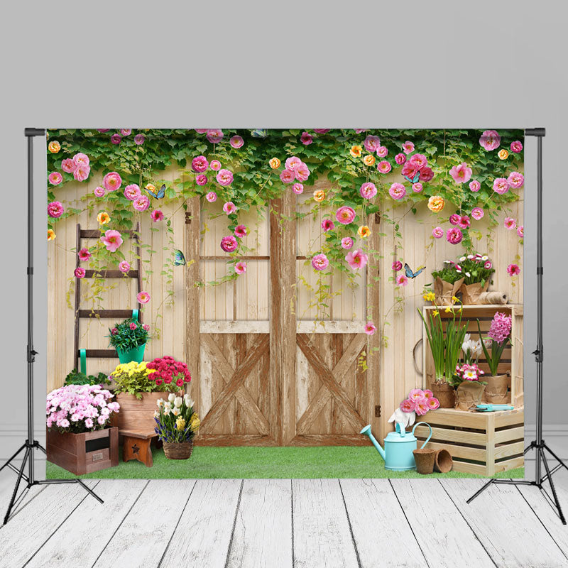 Aperturee – Rosa Blumen Holztür und Fensterhintergrund für Fotos