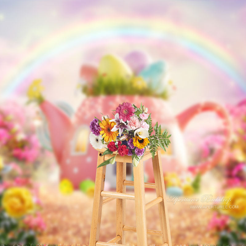Aperturee - Rosa Teekannenhaus Regenbogen Blumen Frühlingshintergrund