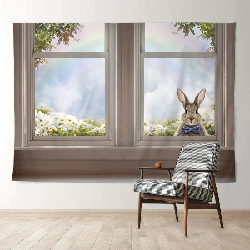 Aperturee - Kaninchen aus dem Fenster Blumen Regenbogen Ostertagsbanner