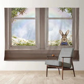 Aperturee - Kaninchen aus dem Fenster Blumen Regenbogen Ostertagsbanner