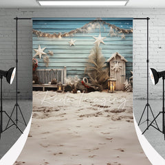 Aperturee - Sandbeach Blue Cottage Weihnachts Fotohintergrund