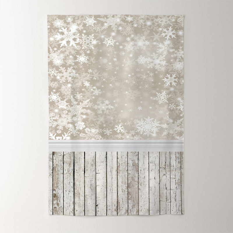 Aperturee - Winter Fotohintergrund mit Schneeflocken Beige Holzboden