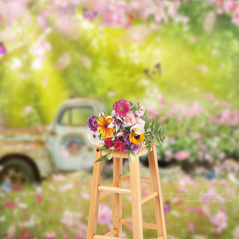 Aperturee - Sonnenlicht rosa Blumen Auto Frühlingshintergrund für Party