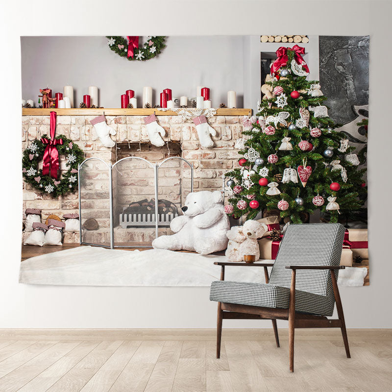 Aperturee - Weißer Bär Kamin Baum Geschenk Weihnachtshintergrund