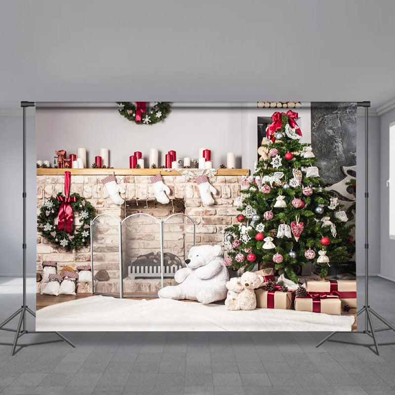 Aperturee - Weißer Bär Kamin Baum Geschenk Weihnachtshintergrund