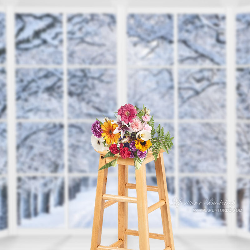Aperturee - Weißes Fenster im Winter mit verschneiten Waldbäumen im Hintergrund