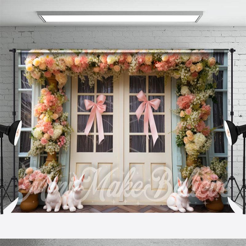 Aperturee - Holztür Fliege Kaninchen Blumen Osterhintergrund