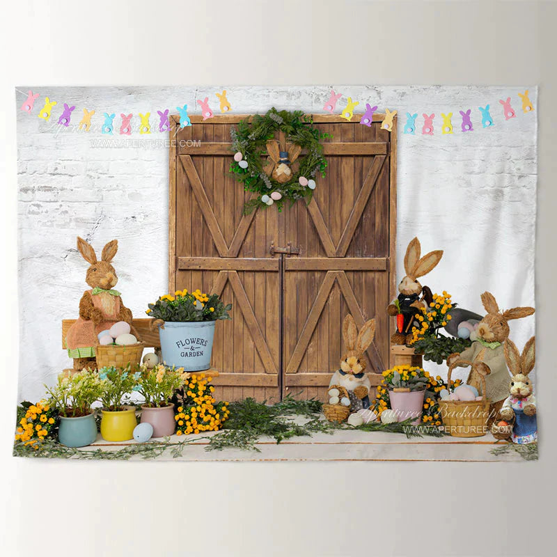 Aperturee - Hölzernes Tor Kaninchen Thema Backstein Ostertag Hintergrund