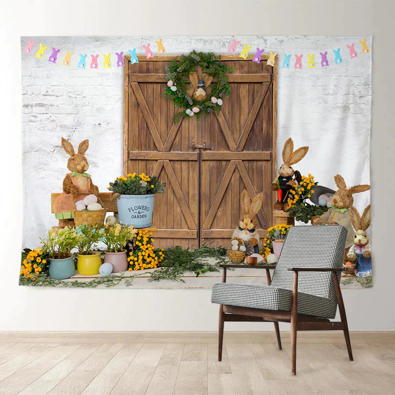 Aperturee - Hölzernes Tor Kaninchen Thema Backstein Ostertag Hintergrund