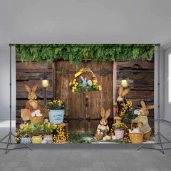 Aperturee - Hölzerner Haushase mit Blumenhintergrund für fröhliche Ostern