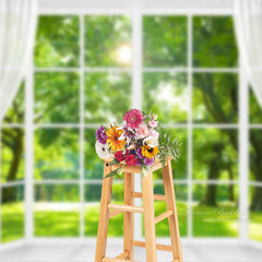 Aperturee - Weißer Fenstervorhang Wald DIY Frühlings Stoffhintergrund
