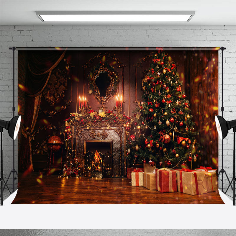 Aperturee - Weihnachtsbaum Kamin Vintage Fotohintergrund