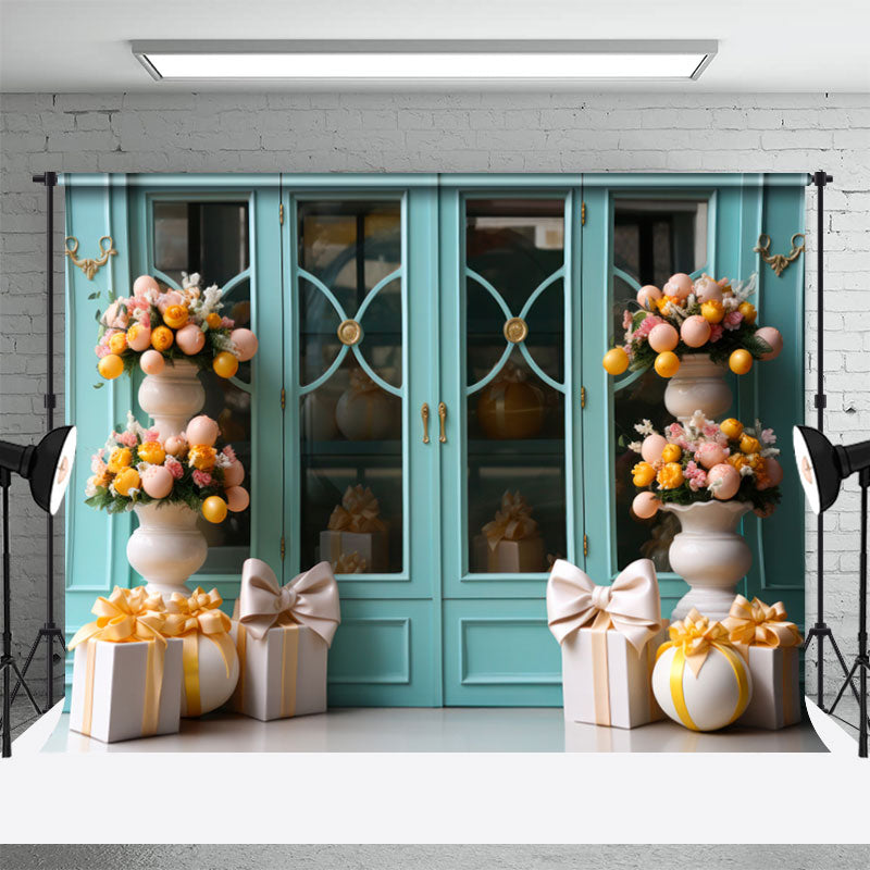 Aperturee - Cyan Fenster und Parterre Eier Geschenke Osterhintergrund