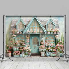 Aperturee - Frische rosa Blumen Eier blaues Haus Ostern Hintergrund
