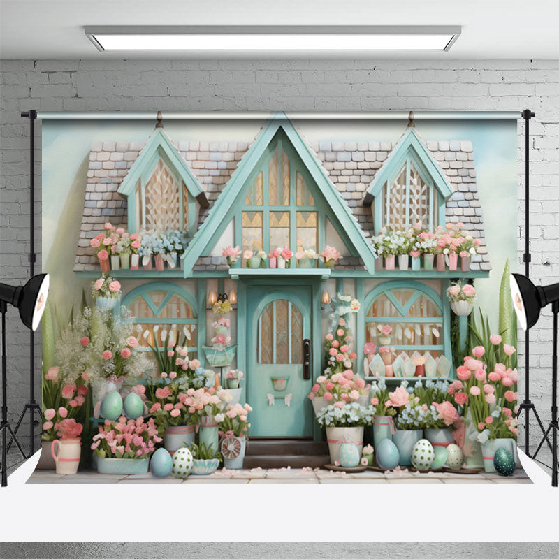 Aperturee - Frische rosa Blumen Eier blaues Haus Ostern Hintergrund