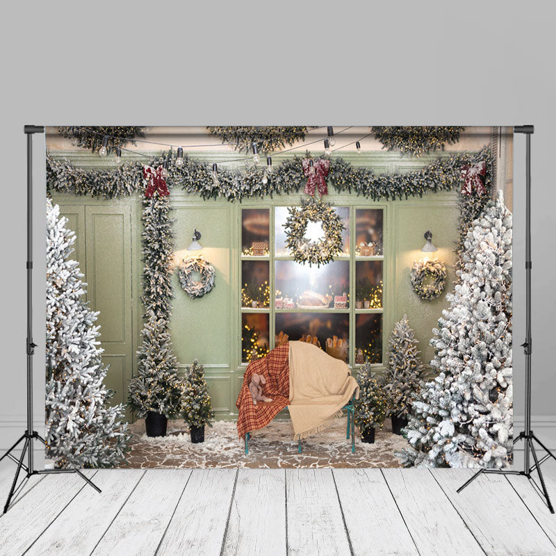 Aperturee - Innenbäume grüner Tür und Fensterkranz Weihnachtskulisse