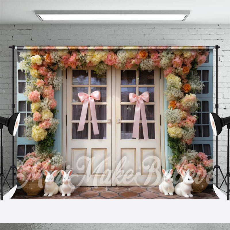 Aperturee - Rosa Fliege Hase Blumen Holztür Ostern Hintergrund