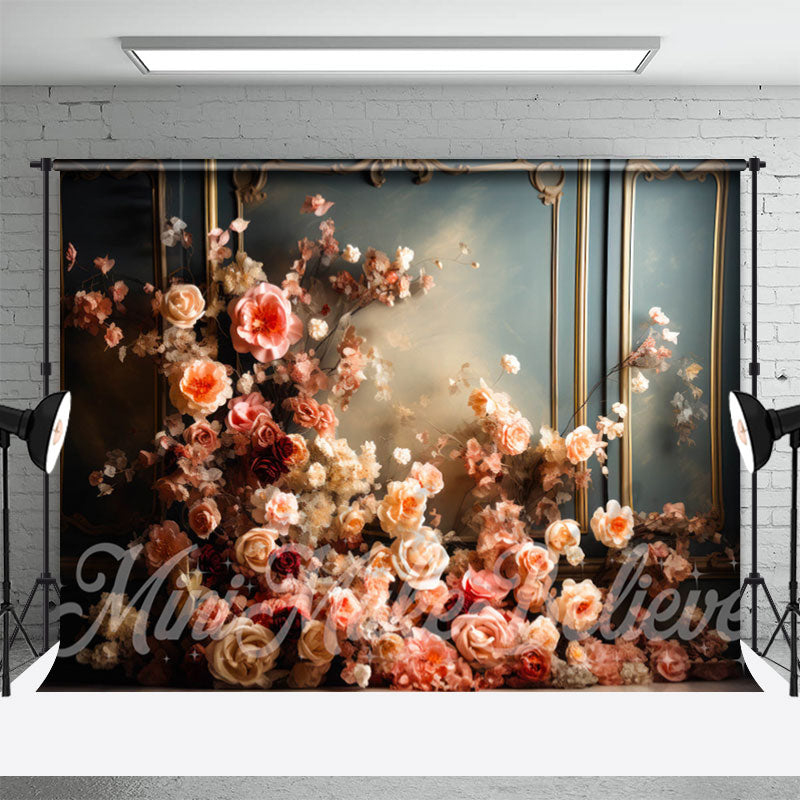 Aperturee - Rosa Vintage florale blaue Wand Kunstkulisse
