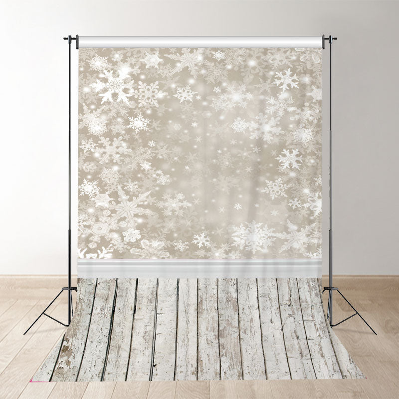 Aperturee - Winter Fotohintergrund mit Schneeflocken Beige Holzboden