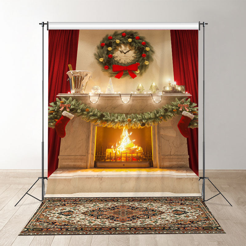 Aperturee - Vintage Kamin Vorhang mit roter Schleife Weihnachtskulisse