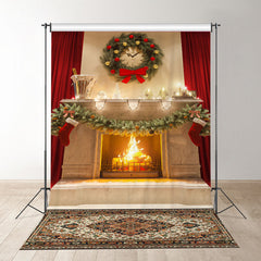 Aperturee - Vintage Kamin Vorhang mit roter Schleife Weihnachtskulisse