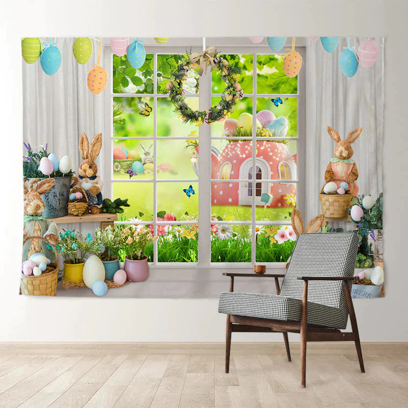 Aperturee - Weiße Fenster Teekanne Haseneier Osterhintergrund