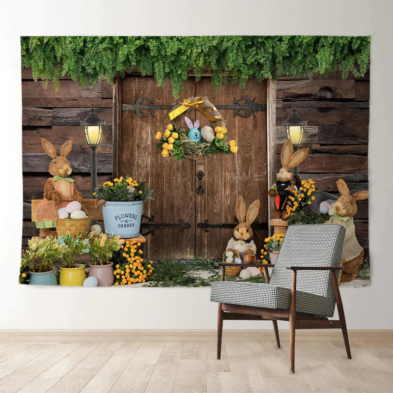 Aperturee - Hölzerner Haushase mit Blumenhintergrund für fröhliche Ostern