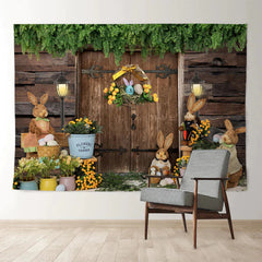 Aperturee - Hölzerner Haushase mit Blumenhintergrund für fröhliche Ostern